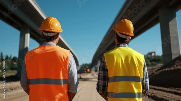 Fototapeta Construction workers observing the ongoing infrastructure development under clear blue sky