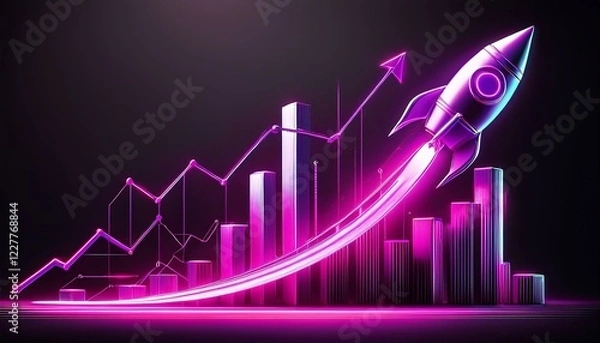 Fototapeta neon magenta graph and rocket against a black backdrop illustrating impressive business growth