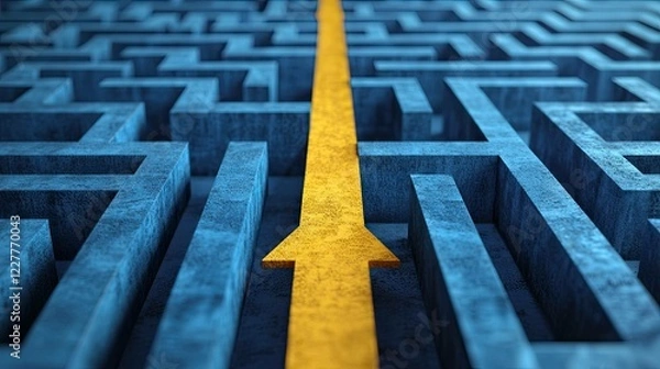 Fototapeta 3D rendering: The idea of resolving a challenging issue. Yellow solution path with arrow on the floor and blue maze. Banner dimensions