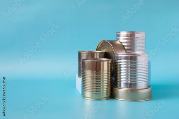 Fototapeta Cans filled with various products in close-up on a colored background of kopi space. Products for long-term storage.