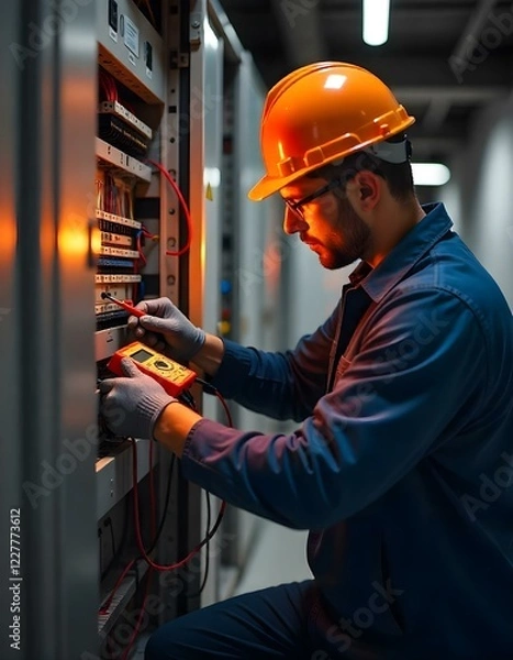 Obraz Präzisionsarbeit am Schaltschrank – Elektriker überprüft Leitungen