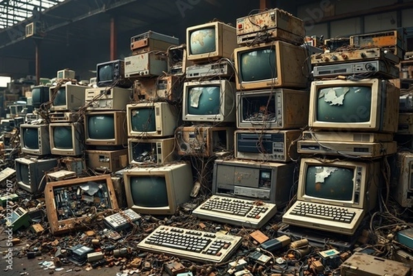 Fototapeta Ein Haufen veralteter Computer, Monitore etc. türmt sich in einem düsteren Raum. Staubige Schaltkreise und verworrene Kabel symbolisieren den Verfall der Technik und den Wandel der digitalen Ära.