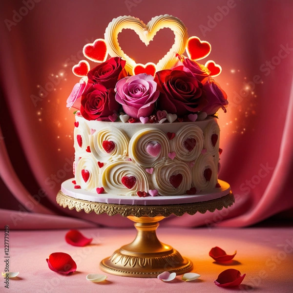 Obraz beautiful cake with red rose and candle