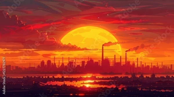 Fototapeta Vibrant sunset over a bustling industrial skyline with smokestacks and reflections on water