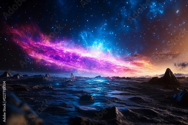 Fototapeta Barren Alien Landscape with Cracked Earth, Scattered Boulders, and a Vibrant Nebula Illuminating the Sky in Every Color Imaginable