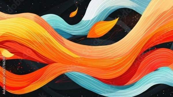 Fototapeta Vibrant abstract waves of orange, blue, and white flow across a dark background, evoking motion