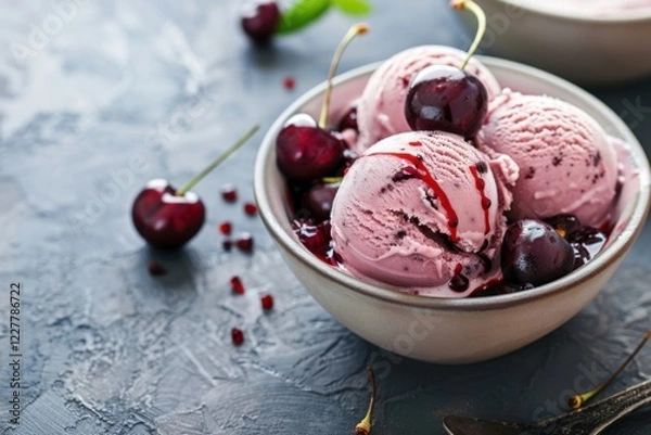 Fototapeta bowl of black cherry ice cream with cherries and sauce, copy space for text