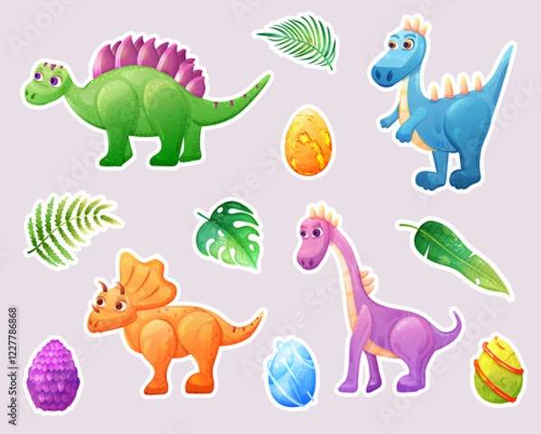 Fototapeta Sticker set of dinosaur character with  egg and tropical leaves. Vector kids illustration