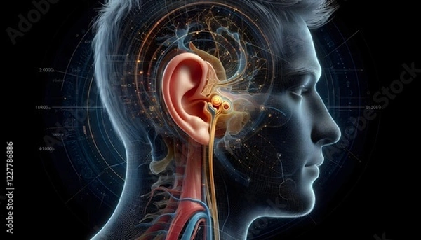 Fototapeta 3D medical illustration of the human ear anatomy displaying outer ear, ear canal, and eardrum in a detailed and educational diagram.	
