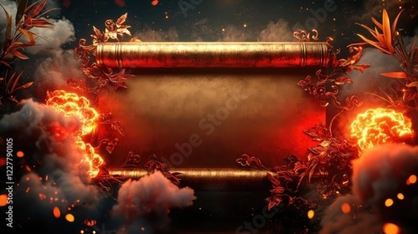 Fototapeta Sleek 3D Chinese-style Scroll with Glowing Gold Accents, Blank Space, and Festive Decorations Including Clouds and Bamboo Leaves in High Resolution