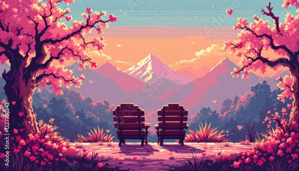 Fototapeta two wooden chairs are positioned on a stone path, facing a breathtaking mountain landscape with a vibrant sunset.