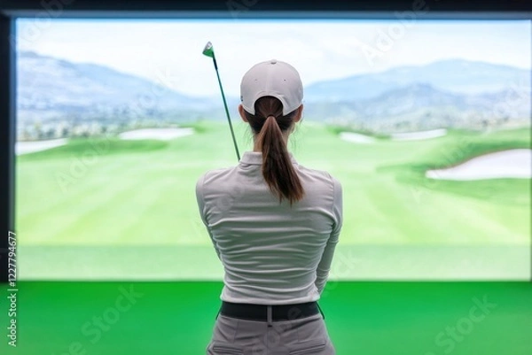 Fototapeta Female Golfer Practicing Golf Swing in High-Tech Indoor Simulator with Lush Virtual Golf Course Background