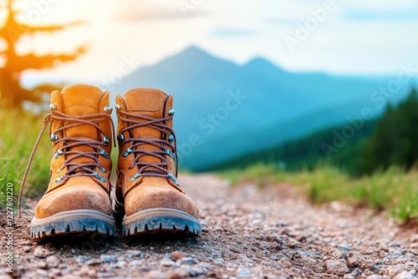 Obraz New hiking boots ready for adventure on a dirt trail with mountains in the background