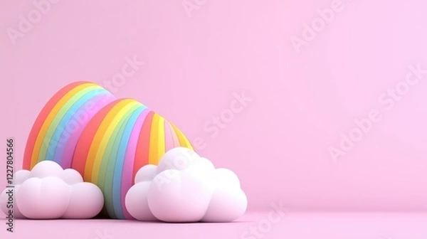 Fototapeta A vibrant rainbow arching over fluffy clouds set against a soft pink background, perfect for designs and decorations.