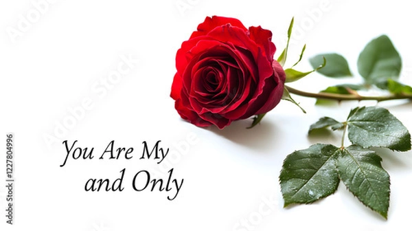 Fototapeta Valentine's Day card with a single red rose and "You Are My One and Only" message isolated on white background in HD