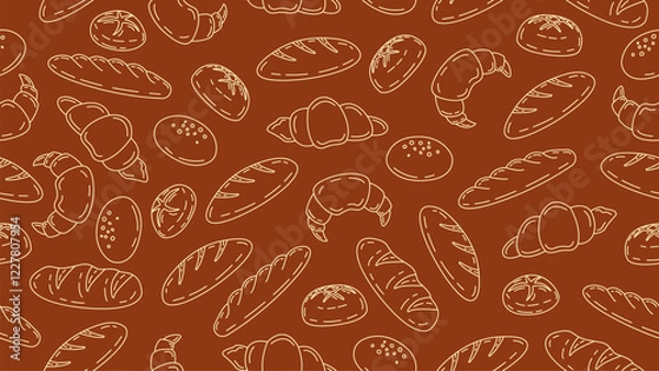 Fototapeta Bakery background. Hand drawn bread seamless pattern motif wallpaper. Bake shop backdrop, packaging, food wrapper