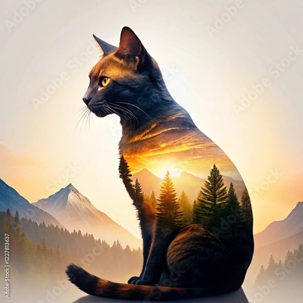 Fototapeta Serene Conceptual Art: Black and Brown Cat Silhouette Merging with Mountains, Trees, and a Setting Sun in a Minimalist Landscape
