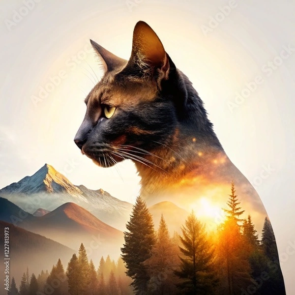 Fototapeta Minimalist Conceptual Artwork of a Black and Brown Cat Silhouette Merging with a Serene Landscape: A Fusion of Nature and Art