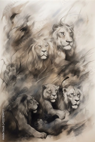Fototapeta A Fierce Lions Gathering Stares Intently Into The Distance On A Cloudy Day Of Haze.