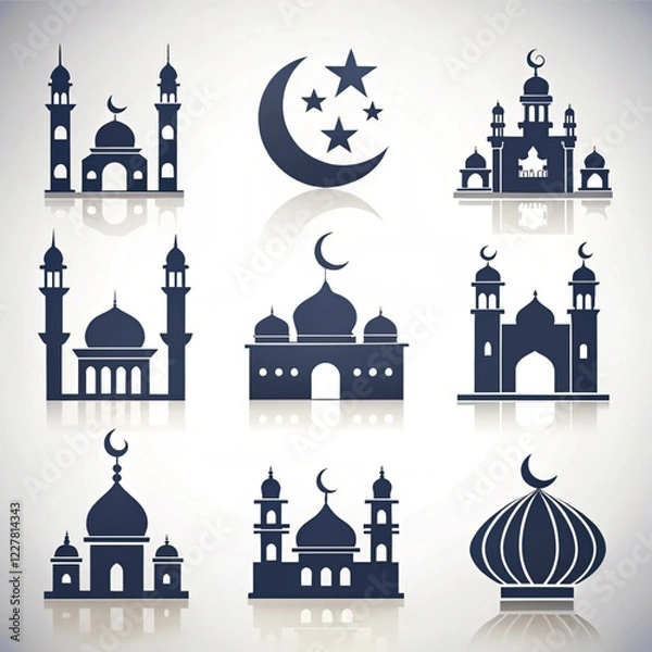 Fototapeta Eid ul Fitr Mosque and Crescent Moon Icon Set: Spiritual and Festive Symbols for the Joyous Eid Celebration