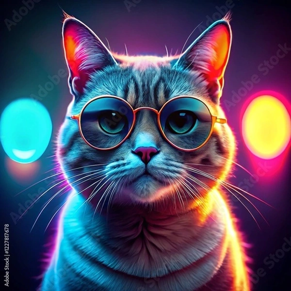 Fototapeta Futuristic Black Cat Wearing Glasses Surrounded by Neon Light Background: A Cool and Vibrant Neon Art Visual Perfect for Cat Lovers and Modern Art Enthusiasts