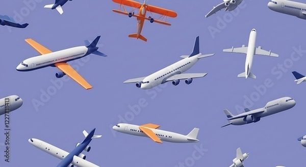 Fototapeta Trendy and stylish airplane pattern made with 3d illustration on dark background. Minimal travel concept.