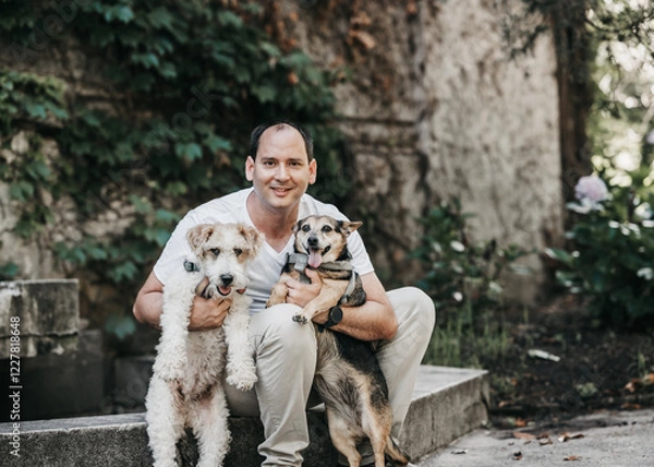 Fototapeta Portrait of a man in a park with his two dogs looking at the camera. Latin man smiles at camera, caring love for his pets.