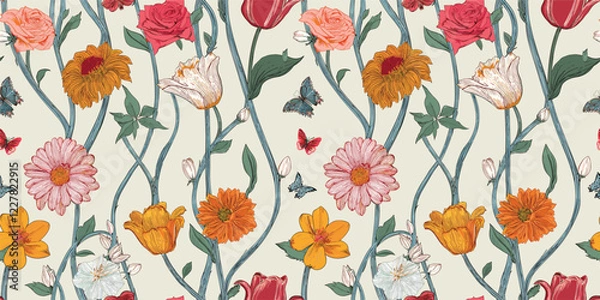 Fototapeta Handmade seamless patterns featuring intricate floral prints, geometric textures, and exotic botanical motifs.