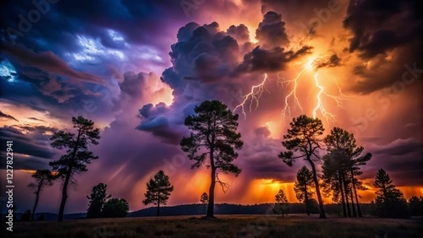 Fototapeta Dark Silhouette Trees Stormy Forest Landscape Dramatic Lightning Clouds Night Nature Photography