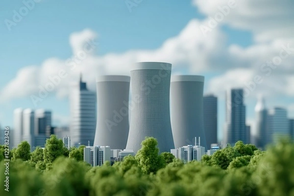 Fototapeta Nuclear reactors drive energy innovation. Modern cooling towers amidst a city skyline and lush greenery.