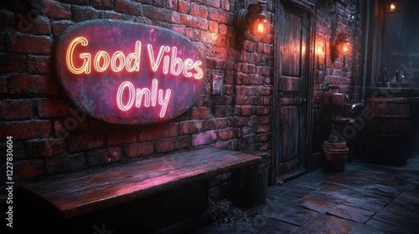 Fototapeta Neon Sign Good Vibes Only in Rainy Urban Setting. Generative AI