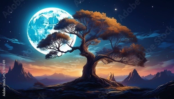 Fototapeta landscape tree with glow moon desktop wallpaper