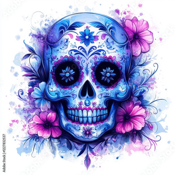 Fototapeta Colorful sugar skull design with floral elements, vibrant blue and pink hues, intricate patterns, and festive atmosphere. Perfect for celebrations and artistic expressions