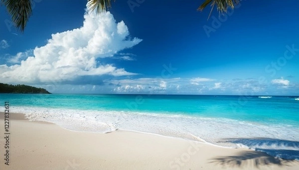 Obraz beach with white sand, cloud, palm tree and wave
