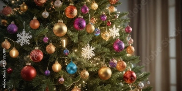 Obraz Snowflakes fall gently on a festive Christmas tree decorated with colorful ornaments and twinkling lights, tree, holiday