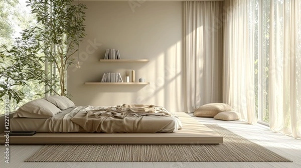 Fototapeta Serene Minimalist Bedroom with Natural Light and Greenery