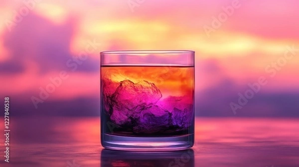 Fototapeta Vibrant Sunset-Inspired Ink Blend in Glass with Ice Against Colorful Sky at Dusk