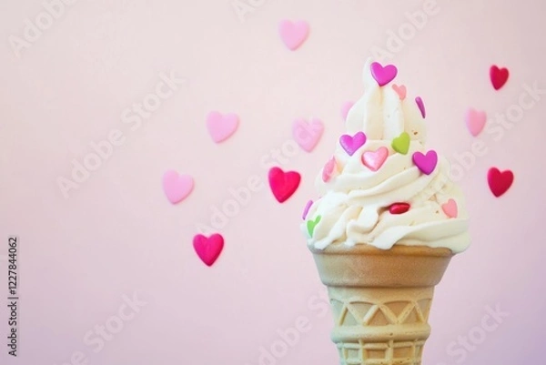 Fototapeta Valentine-Themed Ice Cream Cone with Heart Sprinkles Against Pink Background