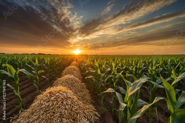 Obraz A golden field of ripe oats sways in the breeze under a vibrant sunset.