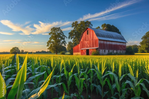 Obraz Corn field Sunset with Red Barn.