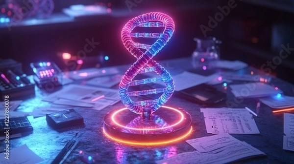 Obraz neon dna helix on a laboratory desk with futuristic glow
