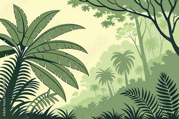 Fototapeta Lush tropical jungle, vibrant green palm fronds, misty forest background, soft sunlight filtering through leaves, watercolor painting style, dreamy atmosphere, detailed botanical illustration, layered