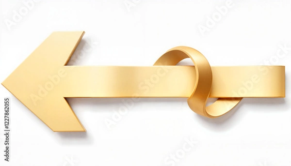 Fototapeta Elegant golden arrow with smooth curves on white background, direction
