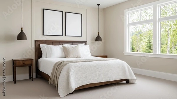 Fototapeta Elegant bedroom with blank canvas modern home interior design bright environment stylish viewpoint minimalist concept