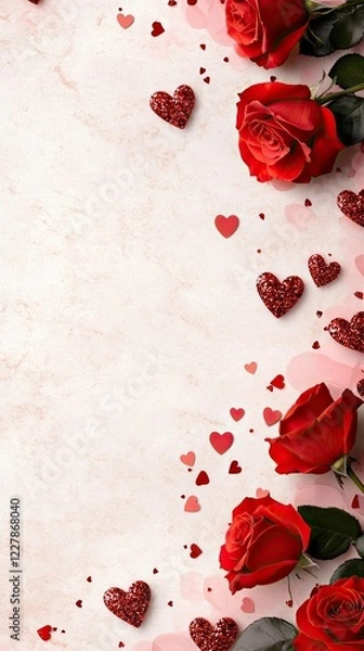 Fototapeta Decorative arrangement of red roses and glittering hearts creates a romantic atmosphere for Valentine's Day celebrations or anniversaries
