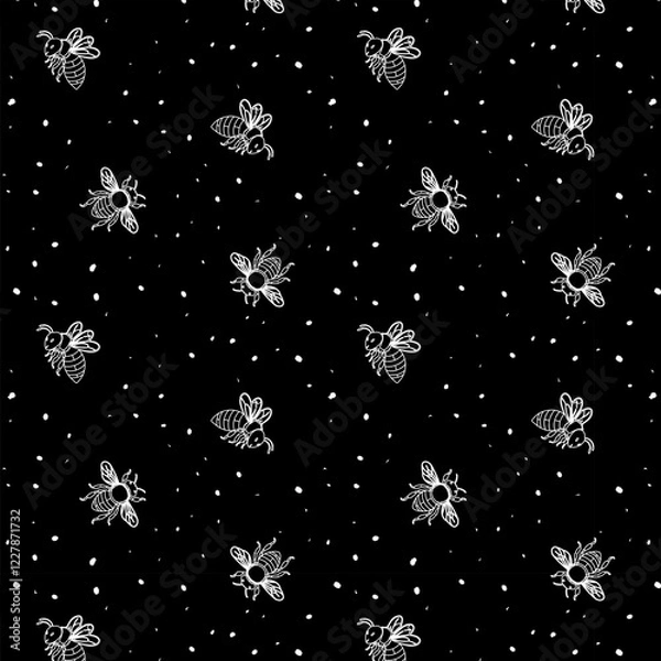 Obraz Pattern with white bees.Vector seamless pattern with white outline bees on a black background.