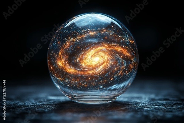 Fototapeta A glass sphere encapsulates a glowing spiral galaxy creating an artistic cosmic display