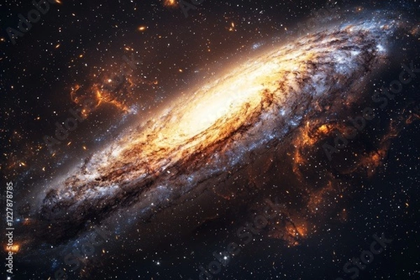 Fototapeta Cosmic scene featuring a luminous spiral galaxy with a dense core and outer sparkling arms