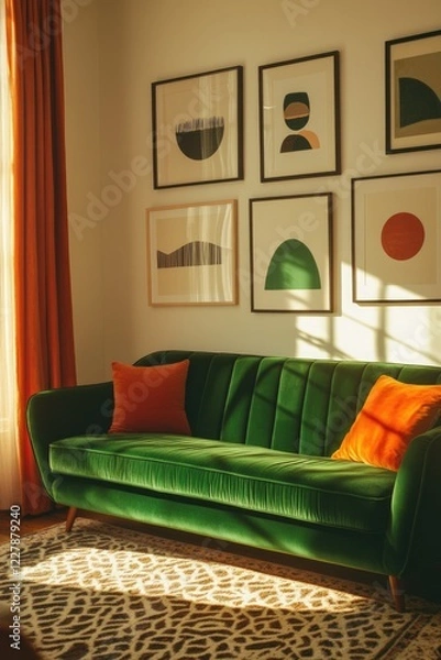 Obraz bold and eclectic living area with statement velvet sofa in vibrant green dramatic curtains and gallery wall featuring
