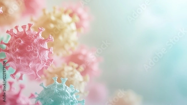 Fototapeta array of colorful virus models on sterile table intricate details in sharp focus soft ambient light creating contrast
